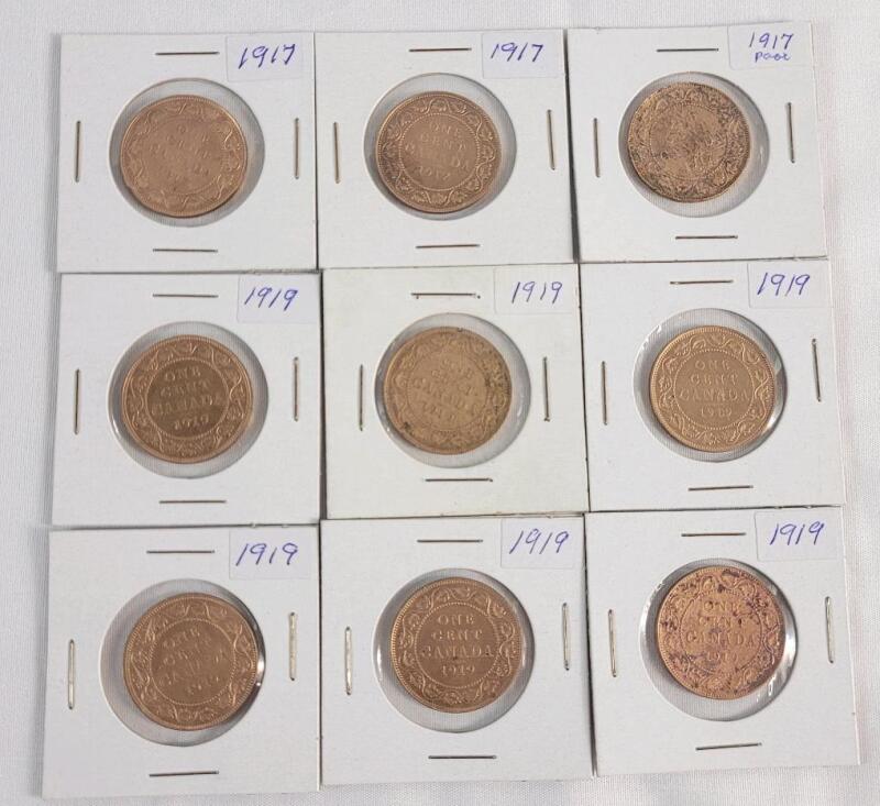 1917 & 1919 Canadian King George V Large One Cent Pennies . 1917 &times;3 & 1919 &times;6