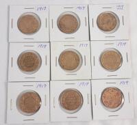 1917 & 1919 Canadian King George V Large One Cent Pennies . 1917 &times;3 & 1919 &times;6