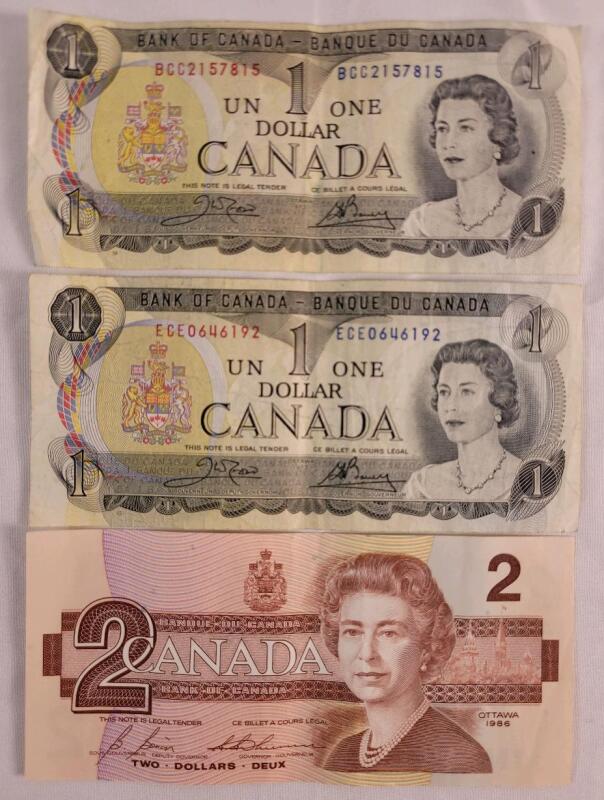 Two (2) 1973 Canadian Bank of Canada One Dollar Bank Notes & 1986 Canadian Bank of Canada Two Dollar Bank Note . All Bank Notes have been in Circulation