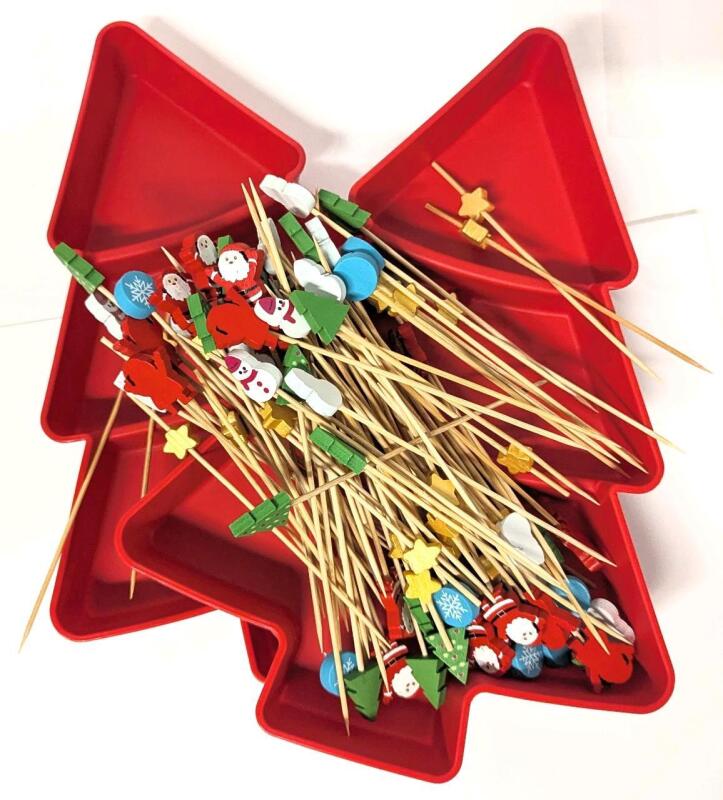 2 New 10" Long Christmas Tree-Shaped Treat Trays & 50+ Christmas-Themed Wooden Cocktail/ Appetizer Picks