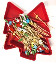 2 New 10" Long Christmas Tree-Shaped Treat Trays & 50+ Christmas-Themed Wooden Cocktail/ Appetizer Picks