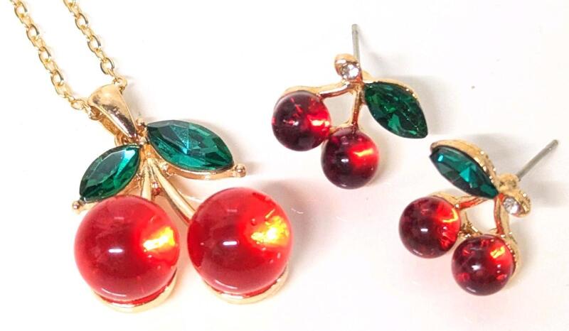 Adorable New Sweet Cherry Necklace & Matching Pierced Earrings, Chain 18" Long