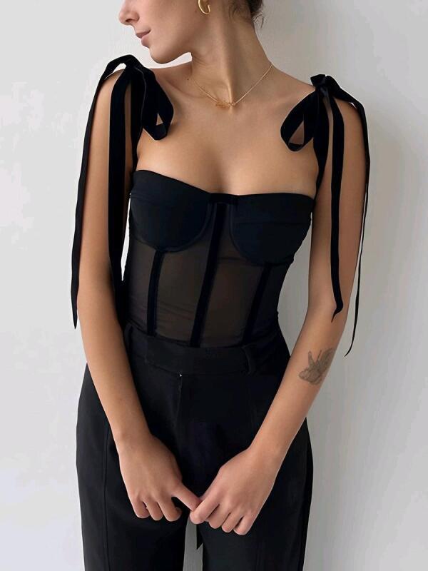 New Size Small Women's Commense Semi-Sheer Tied Mesh Cami Crop Top