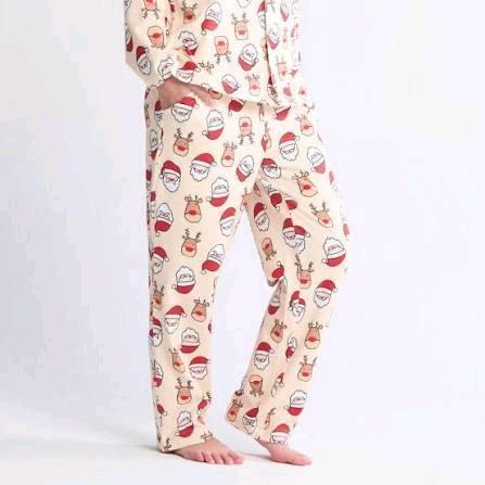 New Size LG Unisex SPARK PAWS Human Pajama Bottoms, Santa & Reindeer - Cream