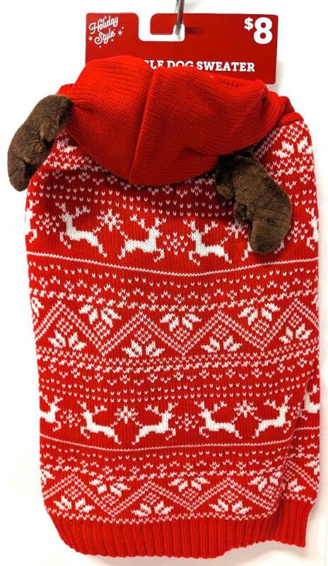 New Dog Size LG (Back Length 15") Winter Fair Isle Knitted Hooded Reindeer Sweater