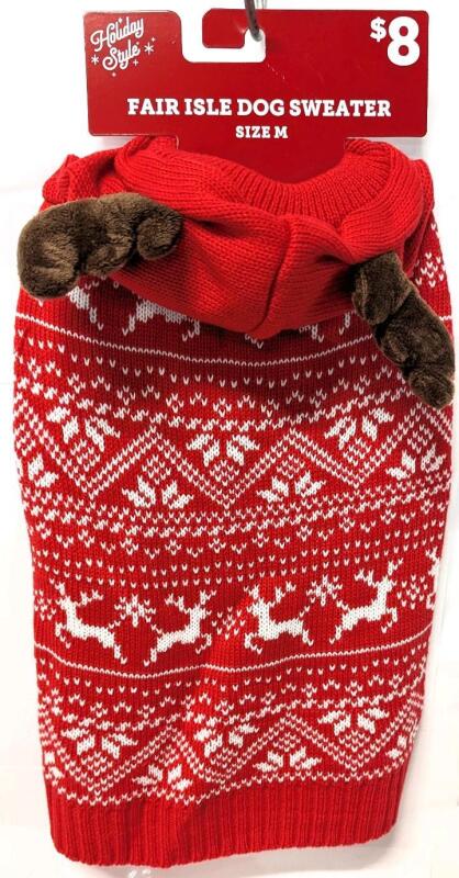 New Dog Size Med (Back Length 13") Winter Fair Isle Knitted Hooded Reindeer Sweater