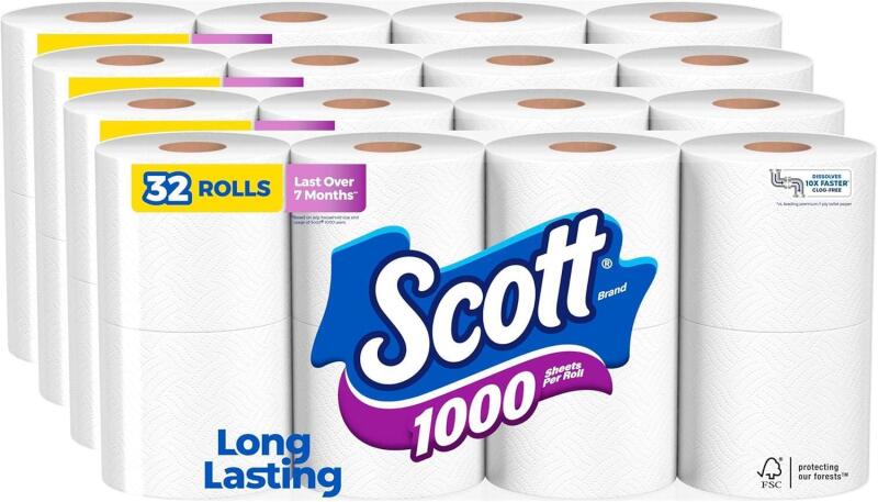 New Scott 1000 Toilet Paper, 32 Rolls, Septic-Safe, 1-Ply Toilet Tissue