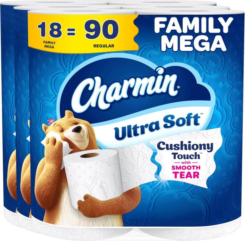 New Charmin Ultra Soft Cushiony Touch Toilet Paper, 18 Family Mega Rolls = 90 Regular Rolls (Packaging May Vary)