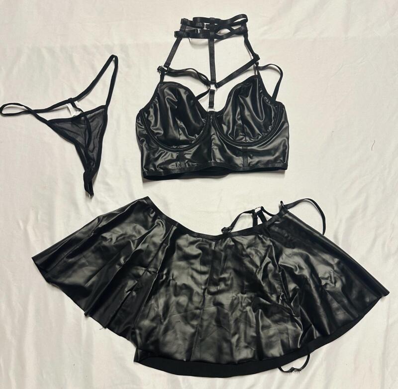 New Women&rsquo;s Medium Faux Leather Lingerie Set, Includes Skirt with Straps, Top with Collar, and G-String
