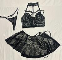 New Women&rsquo;s Medium Faux Leather Lingerie Set, Includes Skirt with Straps, Top with Collar, and G-String