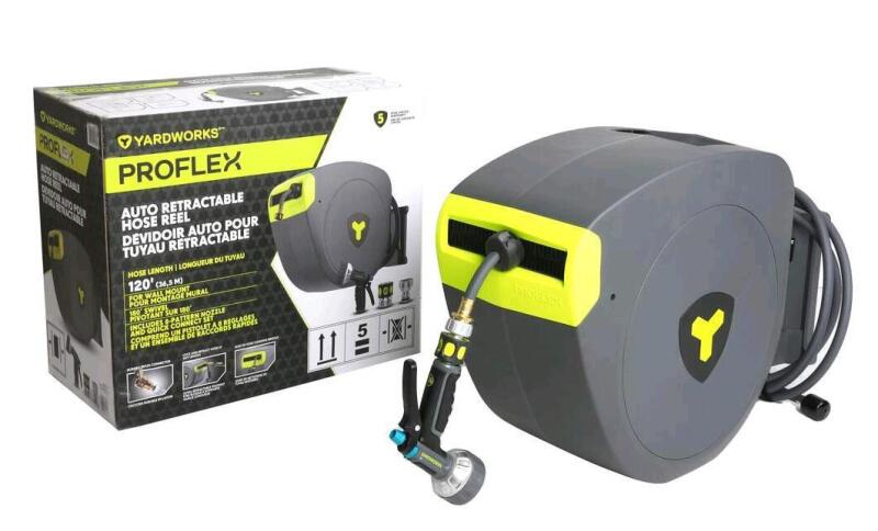 As New - Yardworks ProFlex Auto Retractable Garden Hose Reel , 120ft. Retail $250 . Nozzle Not Included