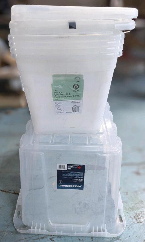 [Cracks & Damage] Mastercraft Heavy Duty 102L (29" &times; 20" &times; 16", No Lid) & 4 Type A Clarity 39L Storage Containers With Lids (14" &times; 20" &times; 30"), Would Retail $90+ If Complete and Undamaged