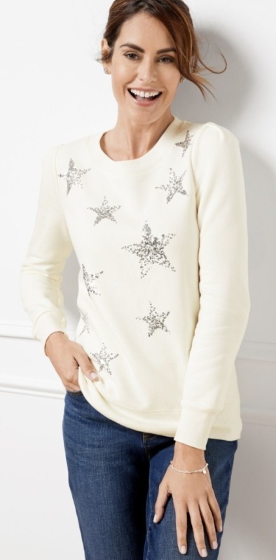 New Talbot's Pleated Shoulder Crewneck Pullover - Sequin Stars. Medium