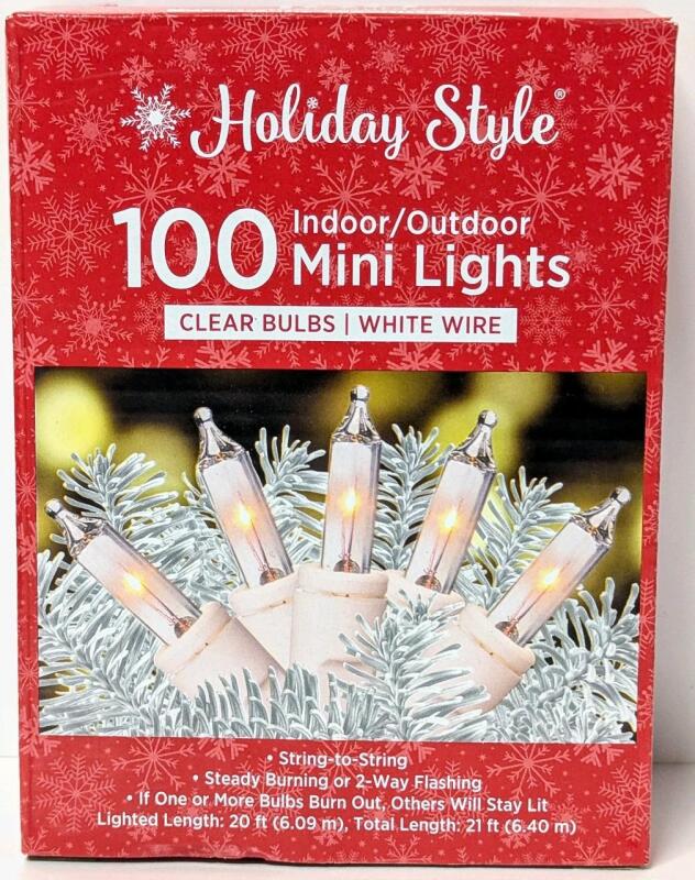 New 100 Indoor/Outdoor Clear Bulbs - White Wire Mini Lights, String To String Connector For Daisy Chaining, Steady Burning or Flashing, Total Length: 21ft