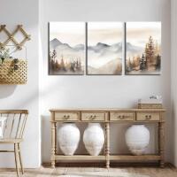 New LBARTXY 3Pcs Framed Neutral Mountain Canvas Wall Art Forest Landscape Posters Prints Modern Abstract Watercolor Paintings Wall Decor Pictures for Living Room Bedroom Decoration, 16x24in