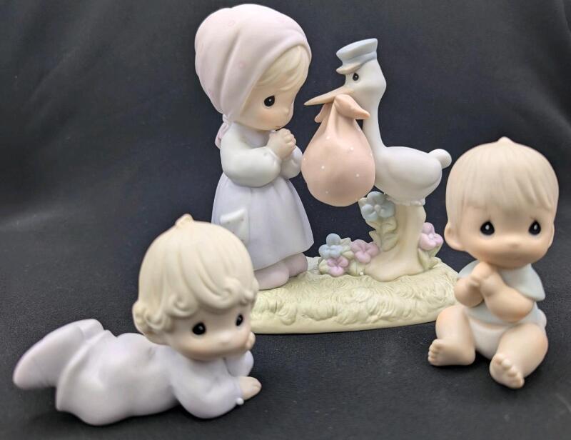 3 Vintage PRECIOUS MOMENTS Figures : "Joy On Arrival" & 2 Baby Figures, Up To 5", No Chips or Cracks