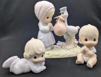 3 Vintage PRECIOUS MOMENTS Figures : "Joy On Arrival" & 2 Baby Figures, Up To 5", No Chips or Cracks