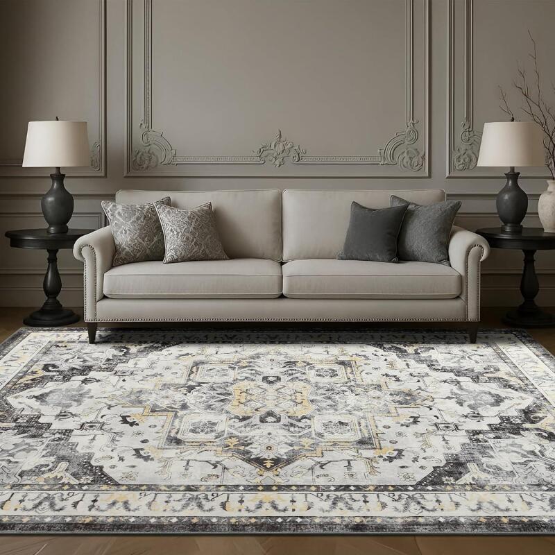 New RUGICI Boho Washable Area Rug 5x7, Spill-Proof Surface, Non-Slip Backin,Low Pile Faux Wool Large Printed Rugs for Living Room,Bedroom, Dining Room, Kitchen Floor, Small Office (Grey, 5x7)