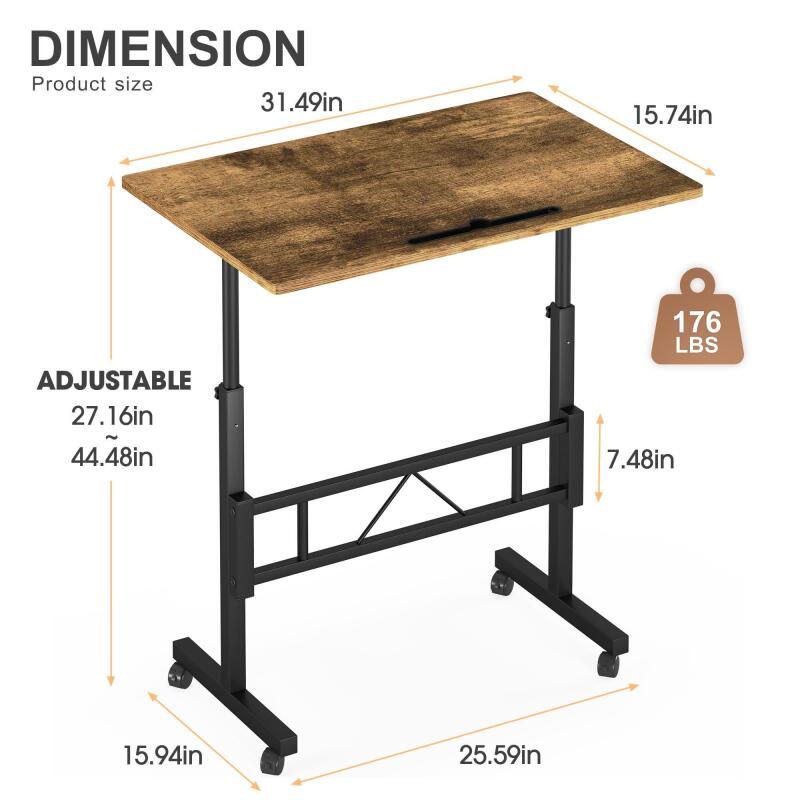 New Klvied Small Standing Desk Adjustable Height, Mobile Table with Wheels, Portable Laptop Table, Standing Computer Desk for Walking Pad (Brown)