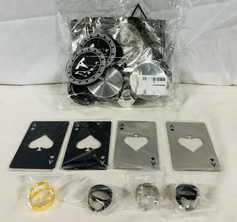 Assorted Decorative Items, Includes Tesla Car Decorations and Ace Playing Cards Metal Decorations, Plus 4 Rings (Possible O-Rings)