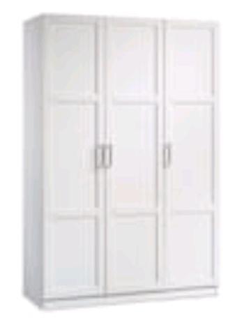 As New Sauder 3-Door Wardrobe Closet/Armoire Clothes Storage Cabinet With Hanger Rod & Shelves. Retails for 300.