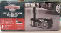 As New - MotoMaster 2-in-1 12 V 1-Ton Portable Jack & Tire Inflator . Retail $95 .