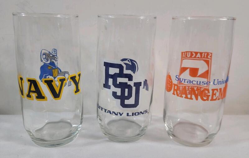 Three (3) NCAA Collage Glass Tumblers . Penn State Nittany Lions , Syracuse Orangemen & Navy Midshipman .