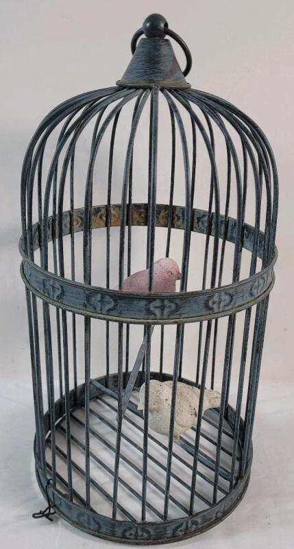 Home Decor Bird Cage w/Two (2) Resin Birds . Measures 15" tall & 8" diameter .