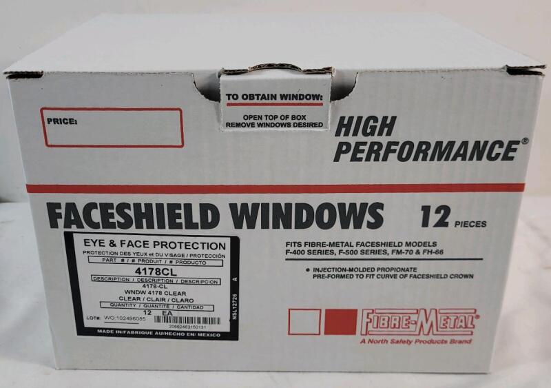 12 New Honeywell Fibre-Metal Clear Propionate Faceshield , Model # 4178CL, measures 8"&times;16.5" . Fits : F400, F500 Series, FHH66, FM70, FM71 Crown Protectors . Retail $120