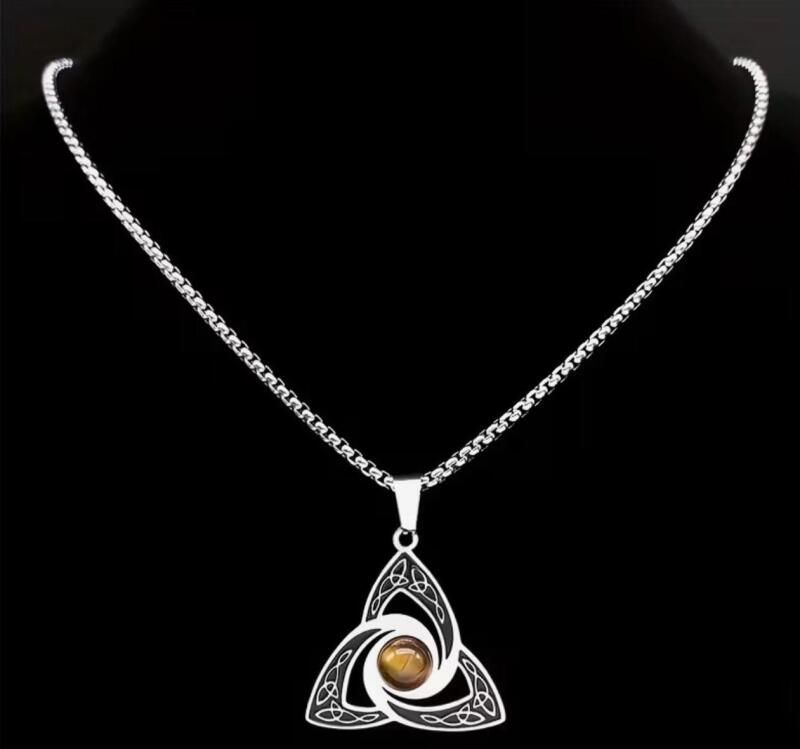 Viking Trinity Knot Necklace Stainless Steel Tiger Eye Irish Celtic Pendant approximately 1.20&rsquo;&rsquo; Chain 19.5&rsquo;&rsquo; Stock photos added