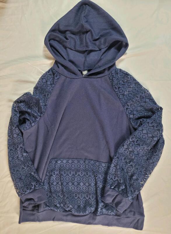 New Women's Sz. XL Shein Hooded Sweater w/Lace Long Sleeves , Blue
