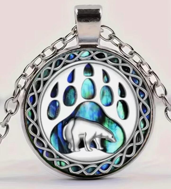 Bear Paw Print Pendant Necklace - Colorful Iridescent Abalone Celtic Knotwork Design Chain 20&rsquo;&rsquo; stamped Stainless Steel Pendant approximately 1&rsquo;&rsquo;