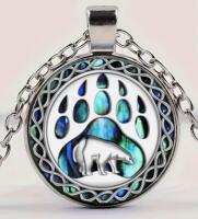 Bear Paw Print Pendant Necklace - Colorful Iridescent Abalone Celtic Knotwork Design Chain 20&rsquo;&rsquo; stamped Stainless Steel Pendant approximately 1&rsquo;&rsquo;