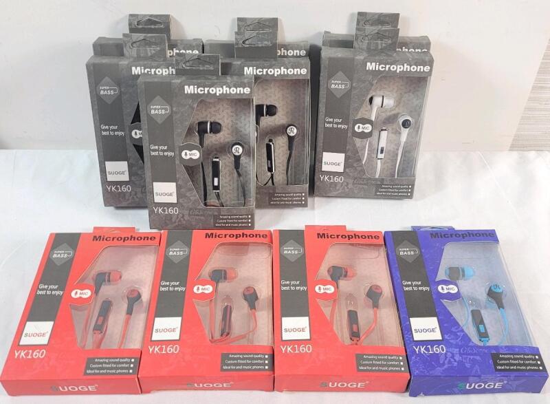 11 New Suoge 3.5mm Wired Earphones w/Microphone . Multiple Colors . Model # YK160