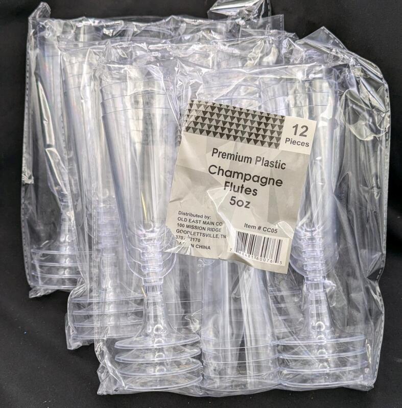36 New Premium Plastic 5oz Champagne Flutes, 6.25" Tall Each, 3 Packs of 12