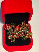 Two Vintage Christmas Brooches Zinc Alloy with Rhinestone Mosaic, Festive Bell and Bow Design approximately 1.3 x .94&rsquo;&rsquo; Beautiful Craftsmanship