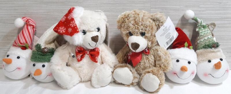 6 New Holiday Decoration Toys, Including 4 Hanging Snowman Heads & 2 Plush Teddy Bears | Bears Measure 8" Tall