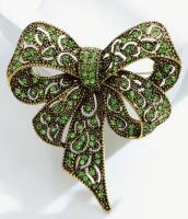 Vintage Inspired Elegant Brooch Green Gemstone-like Accents, KC Antiqued Golden Plated Detailed Craftsmanship approximately 2.75 x 2.25&rsquo;&rsquo; stock photos added back pin tight