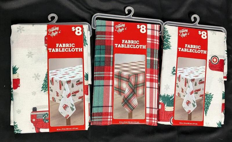 3 New Fabric Christmas Tablecloths, 52" &times; 70" (Fits Tables 28"-46" to 40" &times; 54")