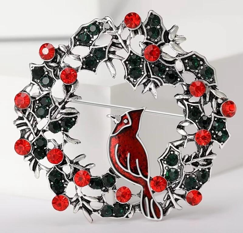 Vintage Style Cardinal on A Wreath Brooch - Red Bird & Green Red & Green Rhinestone Accents Approximately 2&rsquo;&rsquo; Beautiful