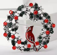 Vintage Style Cardinal on A Wreath Brooch - Red Bird & Green Red & Green Rhinestone Accents Approximately 2&rsquo;&rsquo; Beautiful