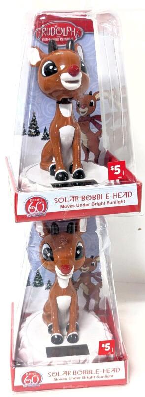 2 New RUDOLPH Solar Powered Bobble-Head 5" Tall Each