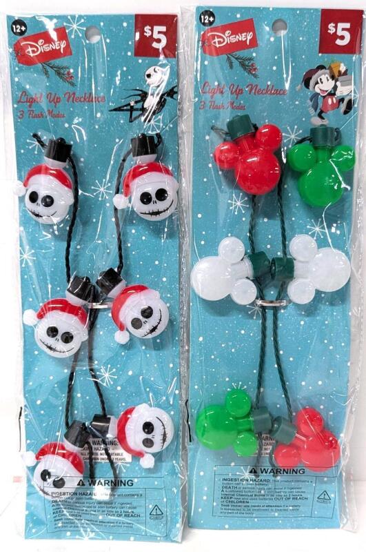 2 New NIGHTMARES BEFORE CHRISTMAS + MICKEY MOUSE Christmas Light-Up Necklaces With 3 Different Light Modes & Batteries Included