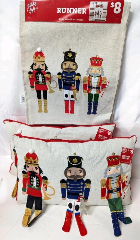 New Nutcracker-Themed Table Runner (13" &times; 68") & 2&times; Throw Pillows (12" &times; 8")