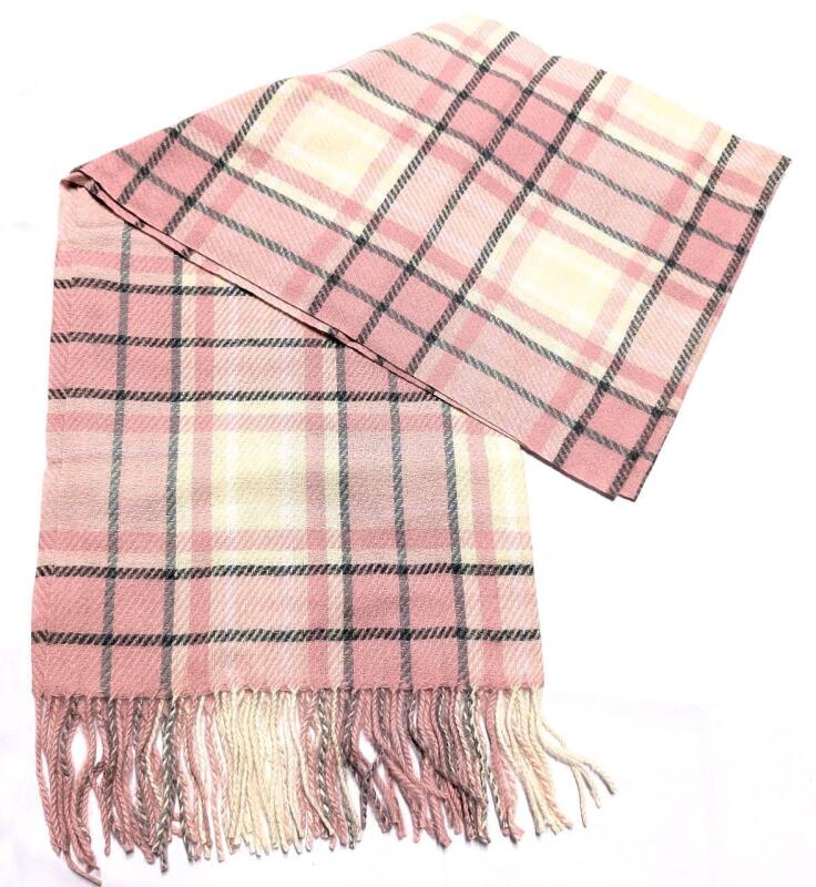 New Large Buttery-Soft Pink Plaid Scarf, 26.25" &times; 68" Long (Excl Tassels)