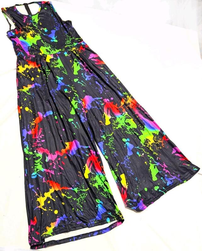 New Size 1XL Women's Funky Neon Splatter Print Sleeveless Jumpsuit With Zipper At Back