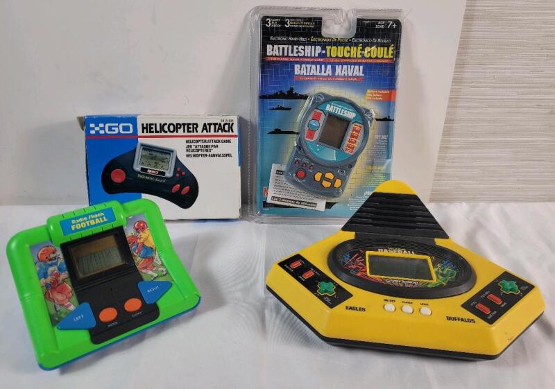 Four (4) Hand-Held Video Games . Battleship , Helicopter Attack , Radio Shack Football & Talking Baseball . All Untested