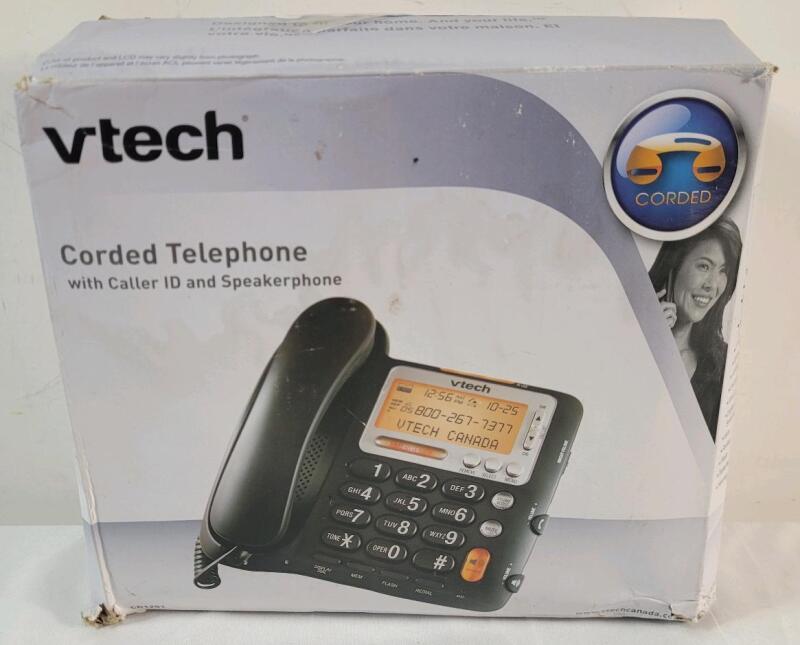 As New - VTech Corded Telephone w/Caller ID and Speakerphone , Model # CD1281 . Box has some shipping scuffs and wear