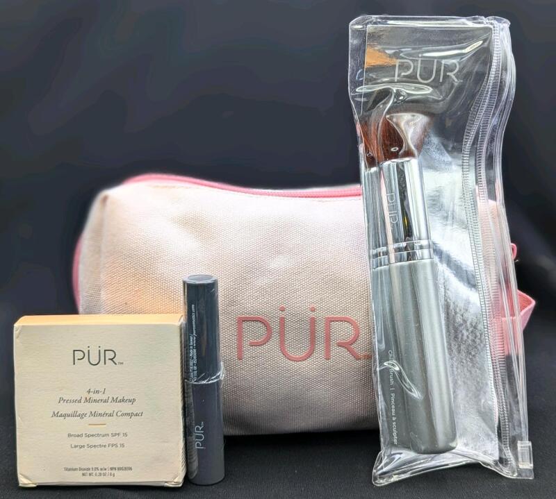 [See Desc] P&Uuml;R 4-in-1 Pressed Mineral Makeup (MN3 Linen, 8g), Fully Charged Mascara 4ml, Chisel Makeup Brush & Makeup Bag (EXP 02/2027/