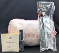 [See Desc] P&Uuml;R 4-in-1 Pressed Mineral Makeup (MN3 Linen, 8g), Fully Charged Mascara 4ml, Chisel Makeup Brush & Makeup Bag (EXP 02/2027/